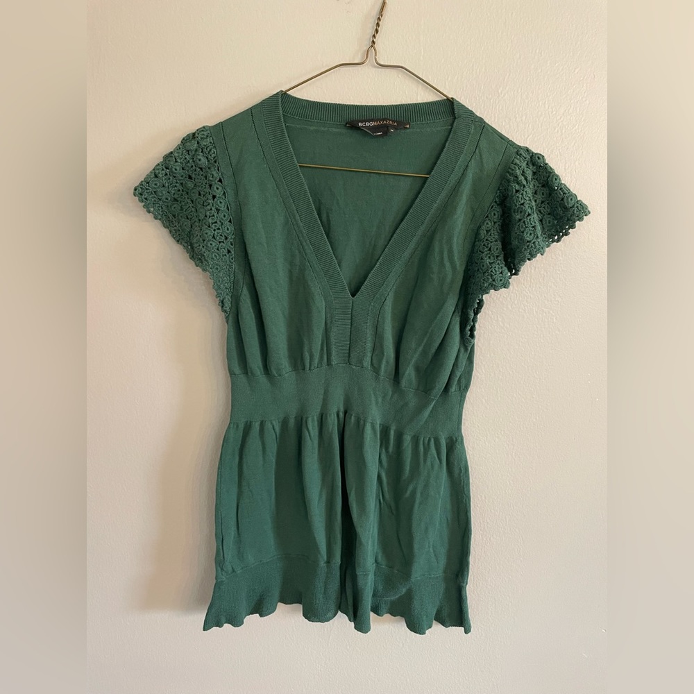 BCBGMaxAzria silk knit crotchet top green